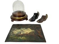 Antique Dome Case, Figurine & Metal Painting