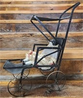 Antique Doll Buggy with Porcelain Doll