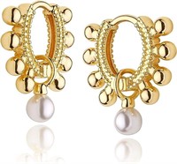 Elegant 18k Gold-pl Ball Pearl Hoop Earrings