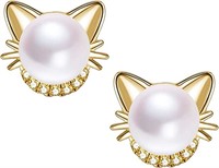 18k Gold-pl .04ct White Topaz Cat Pearl Earrings