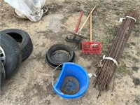 manure forks, plastic & 2 rubber feed pails