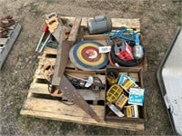 pallet of tools, saws, Elec motor, etc