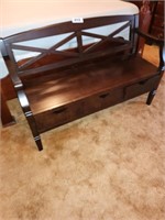 MODERN WOOD BACK BENCH W/ 3 PULL OUT DRAWERS
