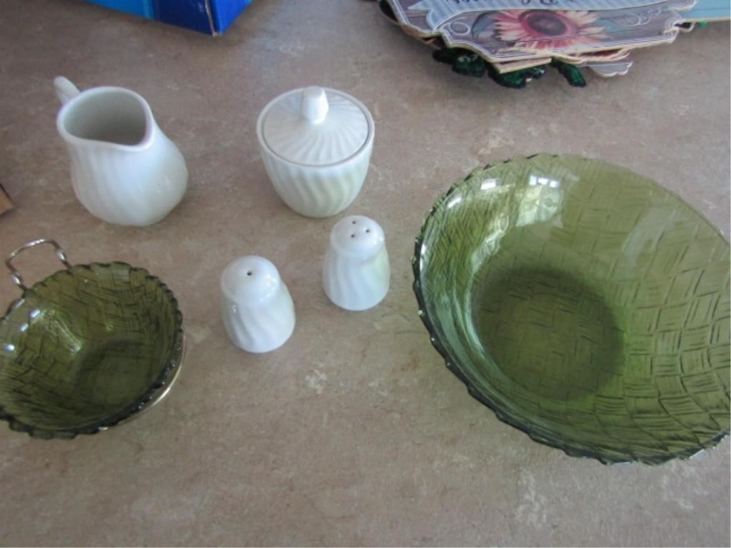 SERVING BOWLS, SALT AND PEPPER SHAKERS, CREAM