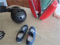 BOWLING BALL, SHOES SIZE 7 1/2 AND BAG