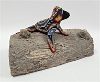 Hand Made Huichol Ceramic Art Lizard on Log