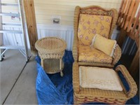 HIGH BACK WICKER CHAIR, OTTOMAN AND TABLE