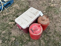 2 gas cans and cooler