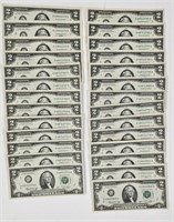 27 Crisp Bicentennial $2 Bills Sequential Blocks