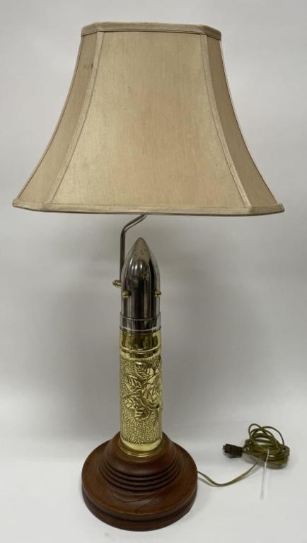 Vintage Artillery Shell Lamp Embossed Roses