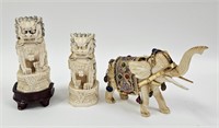 Small Carved Bone Chinese Foos & Hindu Elephant