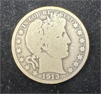 SEMI KEY DATE Silver 1913 Barber Half Dollar