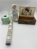 Assorted Avon doll, cigar box contact paper