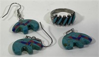 Zuni Sterling Ring & Fetish Turquoise Earrings