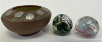 Pigeon Forge Pottery & 2 Art Glass Paperweights