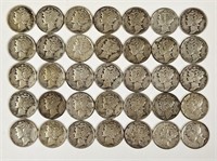 35 U.S. Silver Mercury Dimes 1930's & 40's
