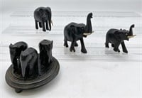 7 Items- Carved Elephants & Base