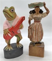 2 Carved Wooden Figures- Frog & Lady