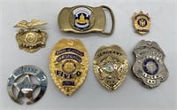 7 Police Items- Badges, Belt Buckle
