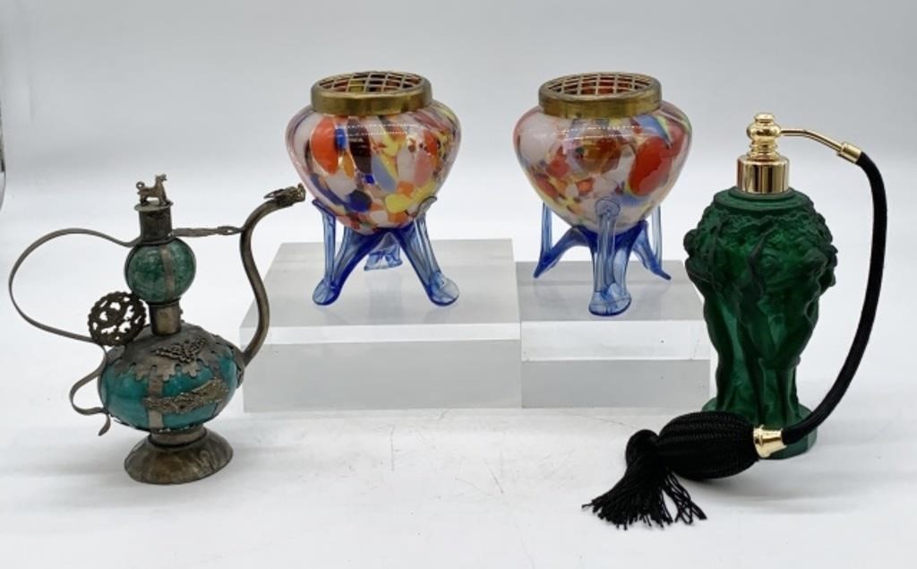 4 Art Deco Items- Vases, Perfume Bottle, Teapot