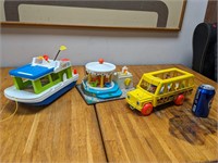 VTG Fisher Price House Boat, Merry-Go-Round, & Bus