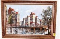 Framed Oil on Canvas Painting of City Scene on