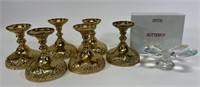 6 Golden Candle Stick Holders & Crystal Butterfly