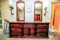 Oak His and Hers Dresser with (2) Mirrors and