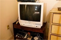 Quasar VHS TV on Wooden Rolling Stand, Radio Alarm