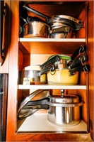 (2) Cabinets of Pots and Pans, (2) Cast Iron