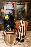 (2) Ice Buckets, Large Black Vase and White and