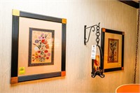 (2) Framed Flower Prints and Hanging Wrought Iron
