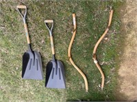 2 Metal Scoop Shovels and Scythe Handles