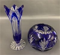 2 Bohemian cobalt cut to clear crystal art glass