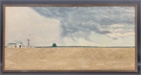 Vintage farm field painting on Midcentury tree