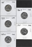 (5) Jefferson Nickels, 1950s & '60s, UNC.