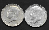 (2) JFK Silver Half Dollars, 1965 & 1967