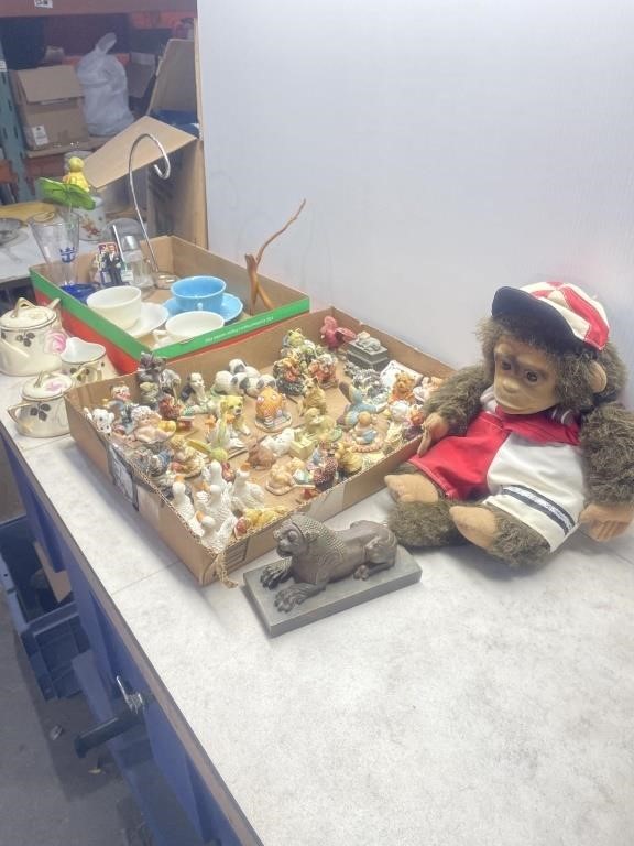 Quantity of miniature ornaments,  stuffed monkey,