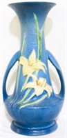 Roseville Zephyr Lily 12.5" handled blue vase