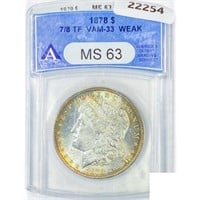 1878 7/8TF Morgan Silver Dollar ANACS MS63 Weak