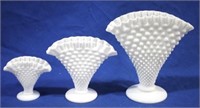 3 Hobnail Fan Milk Glass Vases, 8 & 6 & 4" tall