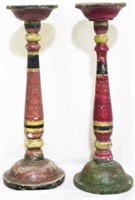 Pair painted candle prickets, 13" tall