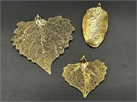 Gold Dipped Natural Leaf Pendants (3)