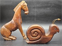 Wooden Carved Horse and Snail. Chip on horses ear