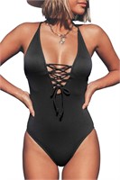 CUPSHE V Neck Lace Up Swimsuit  Black S