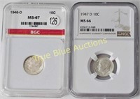 1946D/1947D Roosevelt Silver Dimes, MS67/66