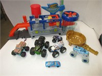Car, 5 Monster truck toys plus Hot Wheels Car Wash