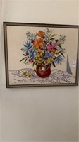 Crewel embroidery flowers in vase