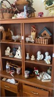 Contents of hutch wooden rocking horse, angels,