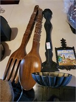 Wooden spoon and fork & misc items